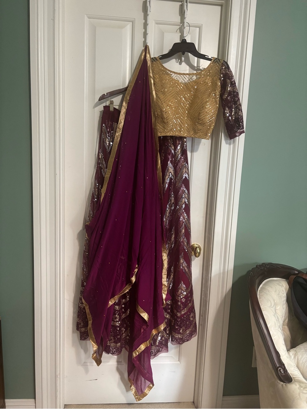 Wedding Gold and Plum Sequin new designer three piece Lehenga Medium
